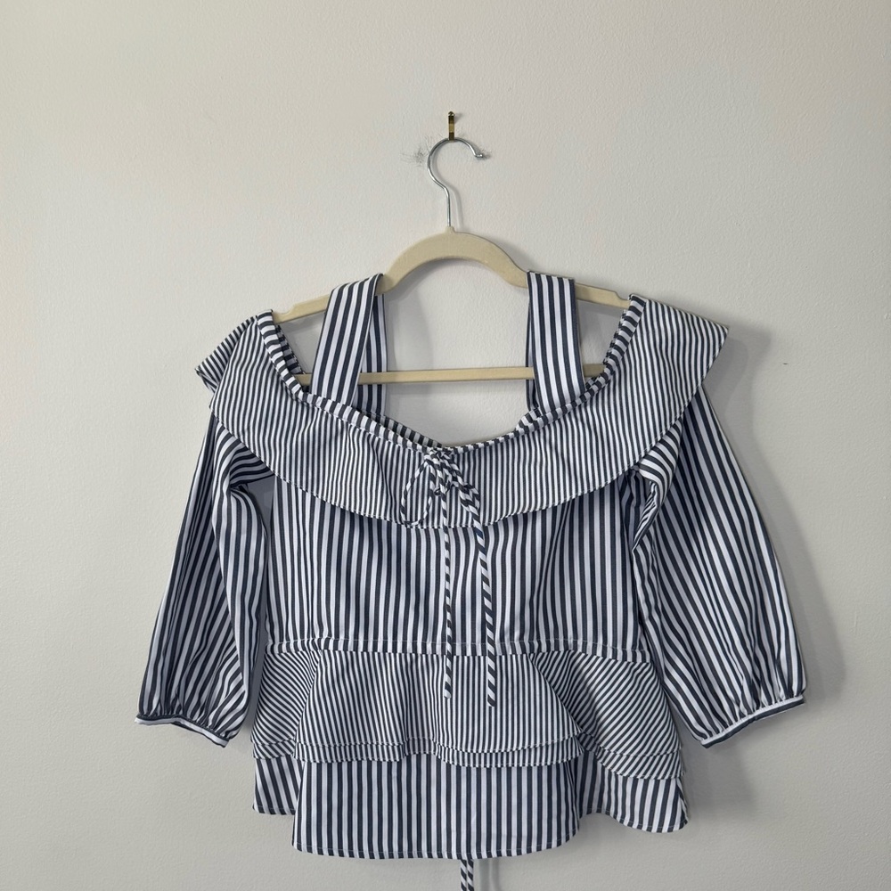 English Factory Navy Striped Off-Shoulder Women's Top cold shoulder NWOT